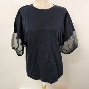 Zara womens solid black Crew Neck Bell short sleeve Sz M